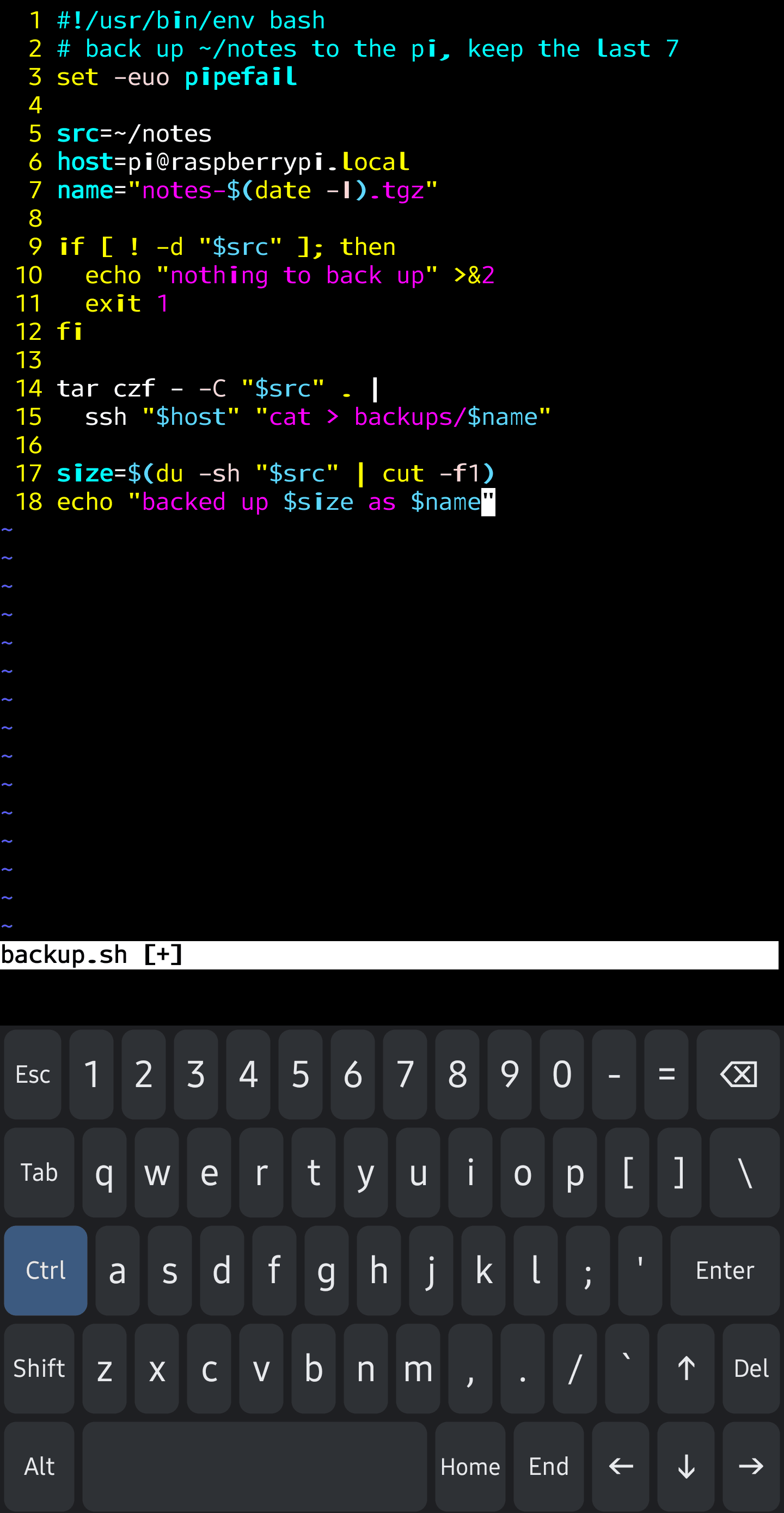 vim editing a backup script in Termux, with Bucky Keys below and its Ctrl key latched